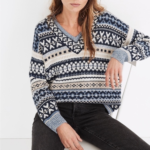 MADEWELL Forrest Fair Isle Wool V-Neck Sweater Blue Tan Cream Sz XS - Picture 1 of 14